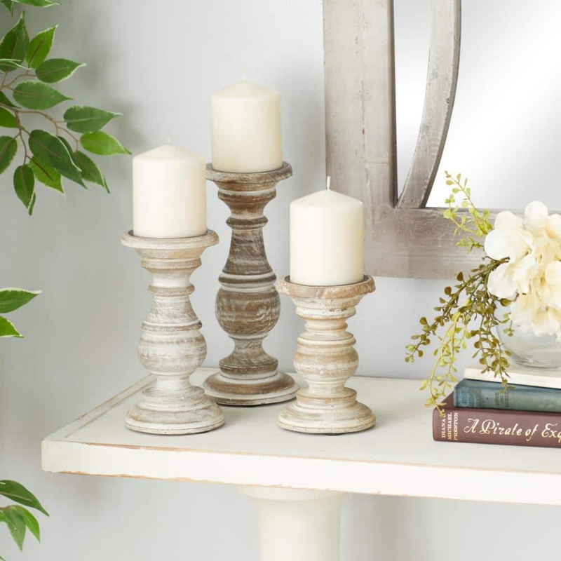 Pillar Candle Holder Set of 3 Cream Turned Mango Wood Farmhouse Decor