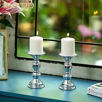 Pillar Candle Holder Set Polished Metal Hourglass Silhouette Minimalist