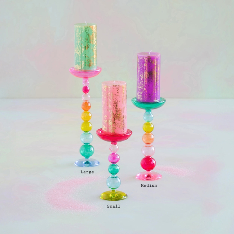 Pillar Candle Holder Set Stacked Glass Finial Jewel Toned