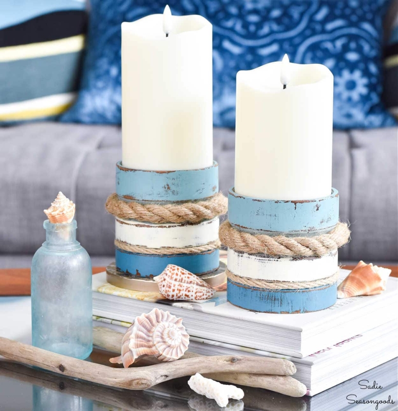 Pillar Candle Holder Set Tiered Arrangement Rope Wrapped Starfish