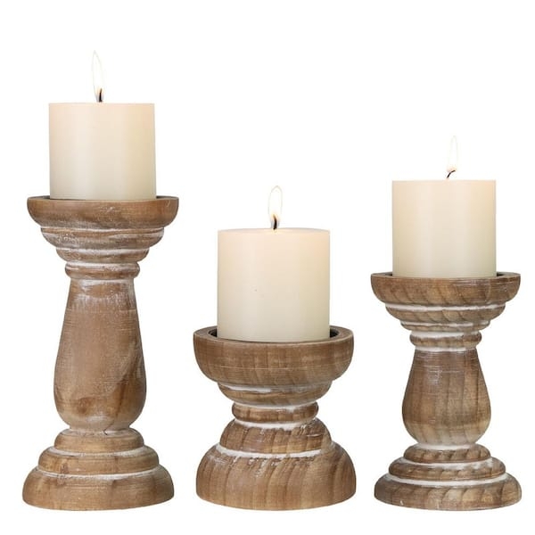 Pillar Candle Holder Set, Traditional Turned Wood, Warm Brown Finish