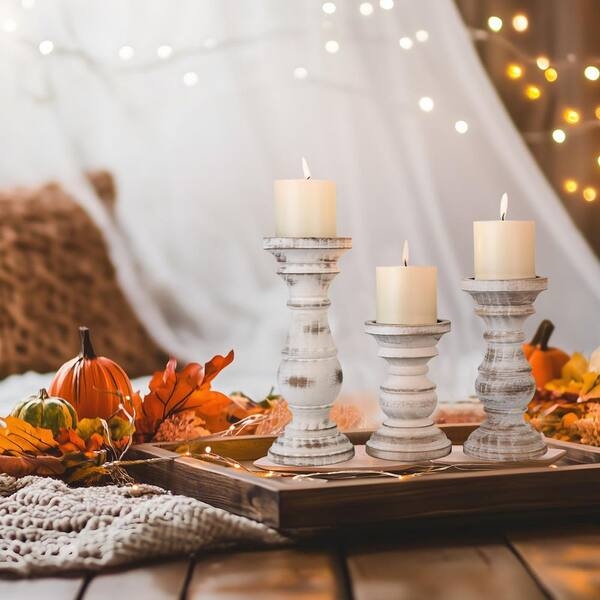 Pillar Candle Holder Set Washed White Wood Baluster with Candle Spike