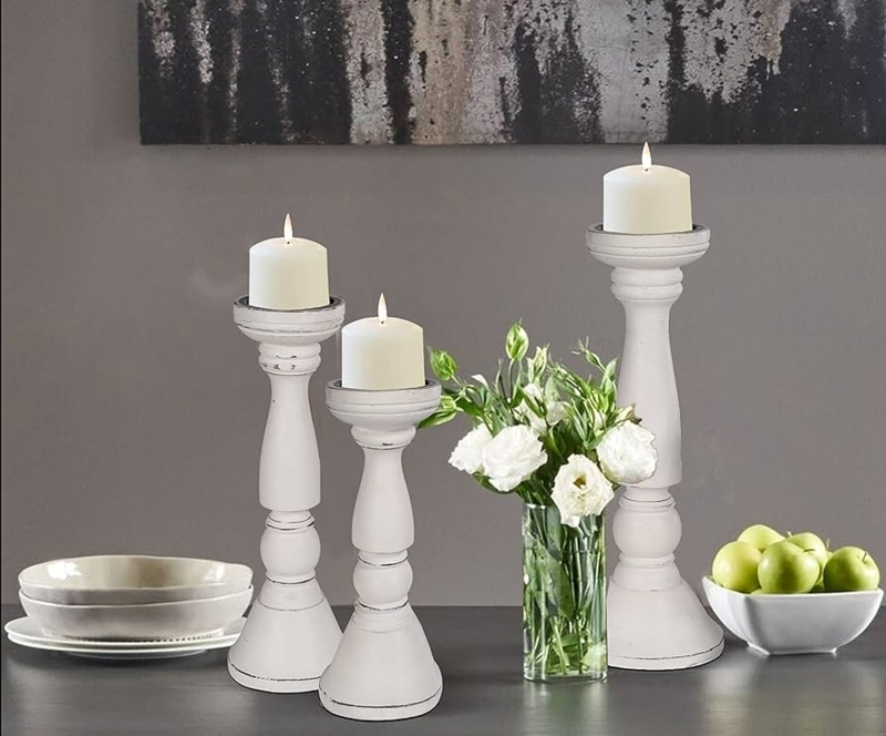Pillar Candle Holder Set Whitewashed Distressed Wood Turned Silhouette