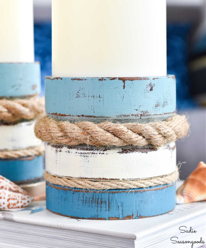 Pillar Candle Holder Set Whitewashed Finish Teal Accents Rope