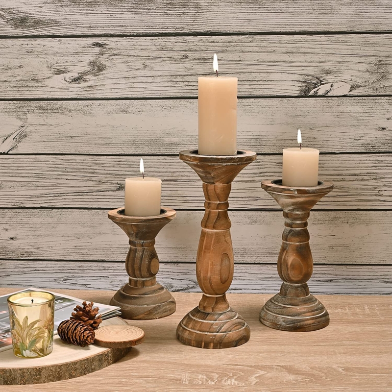 Pillar Candle Holder Set, Whitewashed Spindle Base, Graduated Heights