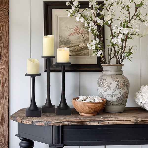 Pillar Candle Holder Set with Tapered Spindle Silhouette.