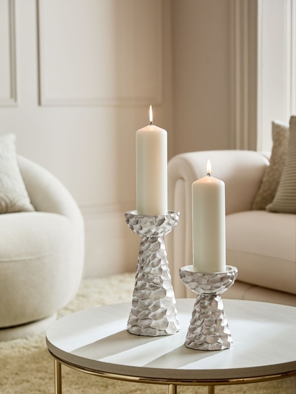 Pillar Candle Holder Silver Lustre Faceted Geometric Stem Glam Decor