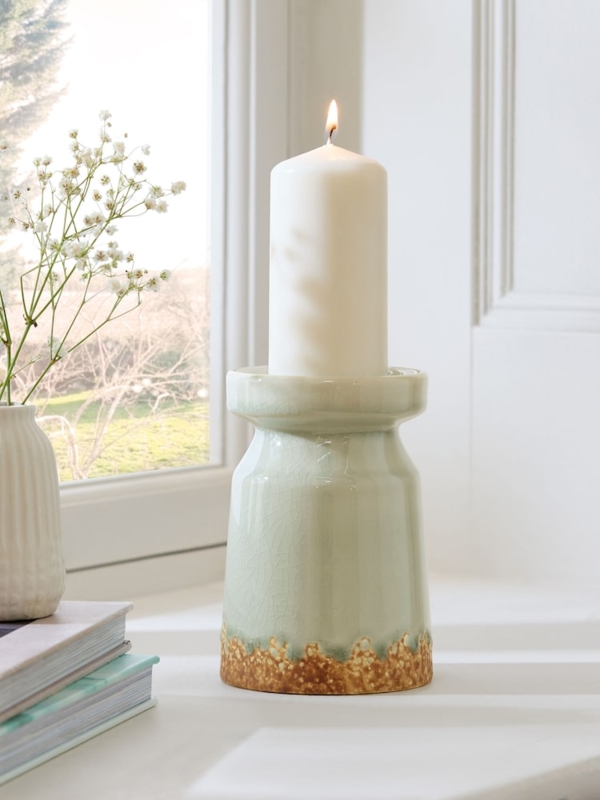 Pillar Candle Holder Speckled Reactive Glaze Cream Taupe Organic