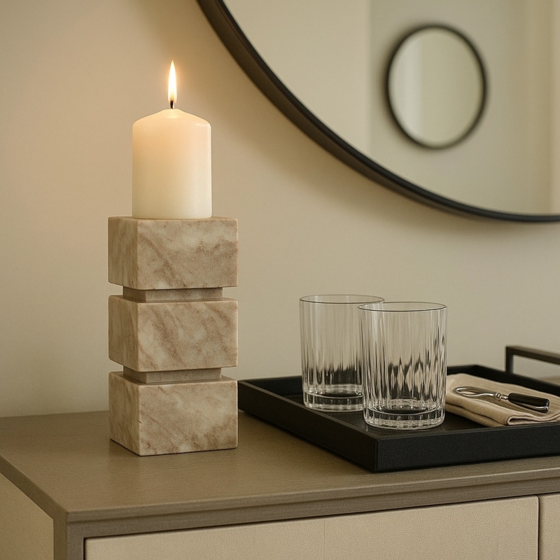 Pillar Candle Holder Stacked Cube Design Onyx Marble Modern Geometric