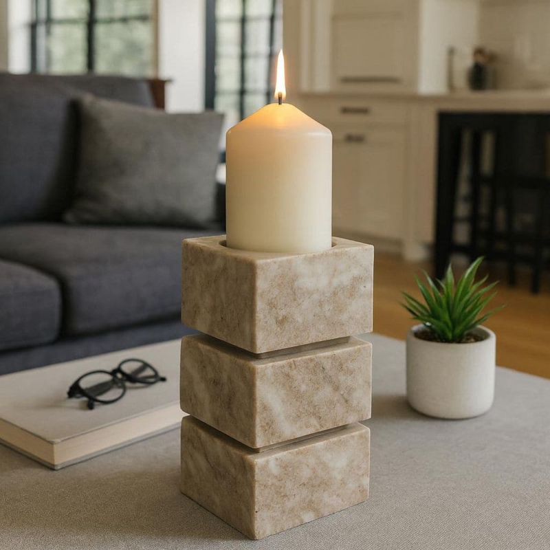 Pillar Candle Holder, Stacked Cubes, Polished Marble Veining, Stone.