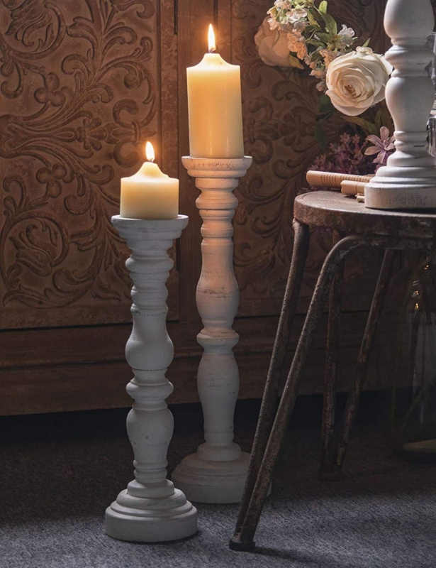 Pillar Candle Holder Tall Whitewashed Lathe Turned Wood Stand