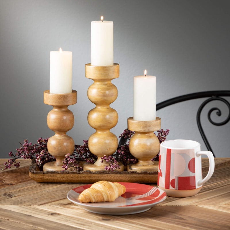 Pillar Candle Holder: Warm Brown Turned Wood Pedestal, Natural Grain