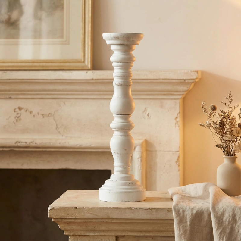 Pillar Candle Holder Weathered Whitewash Turned Wood Pedestal