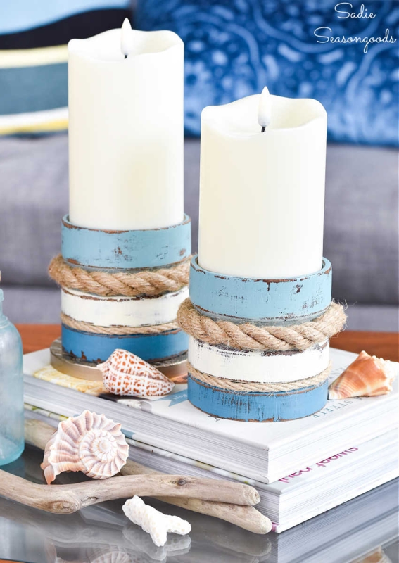 Pillar Candle Holder, Whitewashed Wood, Rope Accents