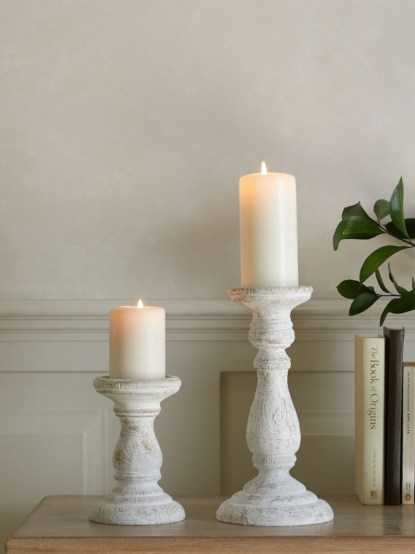 Pillar Candle Holder, Whitewashed Wood, Turned Spindle