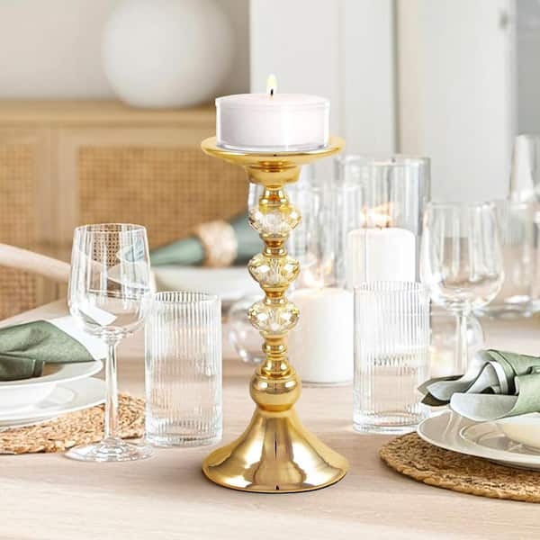 Pillar Candle Holder with Diamond Gem Accent, Faceted Stem, Glam Style.