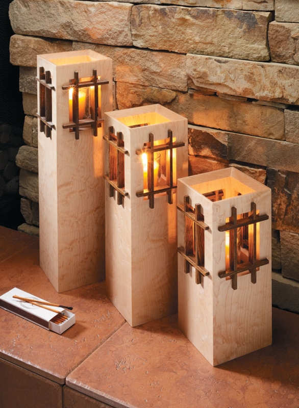 Pillar Candle Holder Wood Set of 3 Graduated Tower Geometric Cutout
