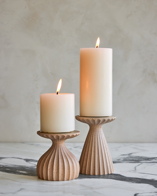 Pillar Candle Holders Fluted Wood Staggered Set, Rustic Tabletop Decor
