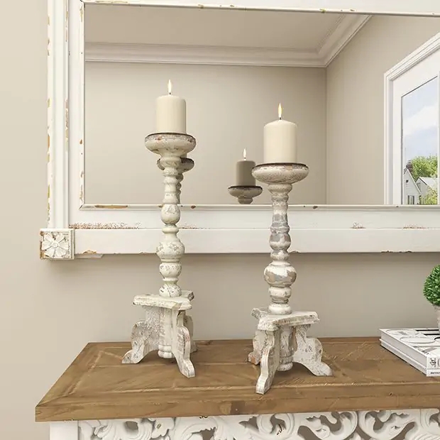 Pillar Candle Holders with Staggered Heights, Distressed Spindle Design
