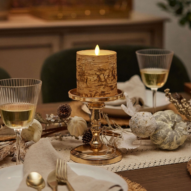 Pillar Candle Set Birch Bark Wrap Rustic Farmhouse Recessed Top