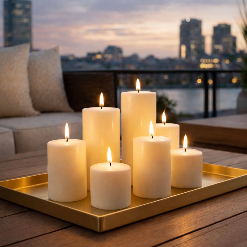 Pillar Candle Set, Tiered Display, Mirrored Base Reflection, Wax.