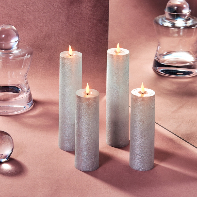 Pillar Candle, Slim Silver Flameless, Distressed