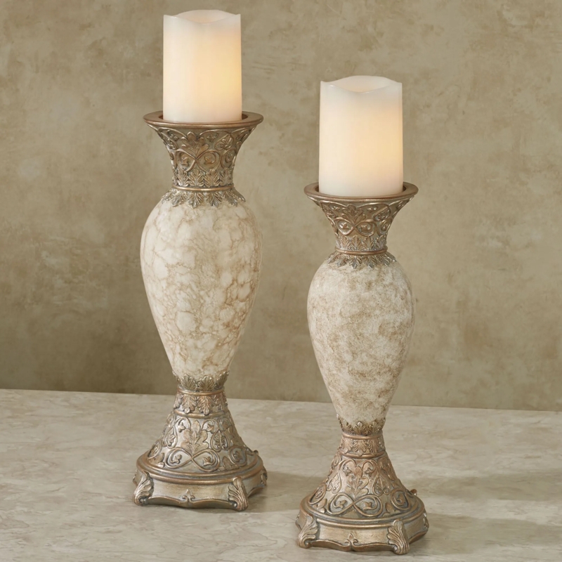 Pillar Candleholder Set Antiqued Ivory Finish Acanthus Leaf Scrollwork