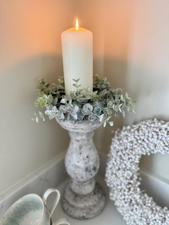 Pillar Holder Turned Wood Base Frosted Eucalyptus Ring Rustic