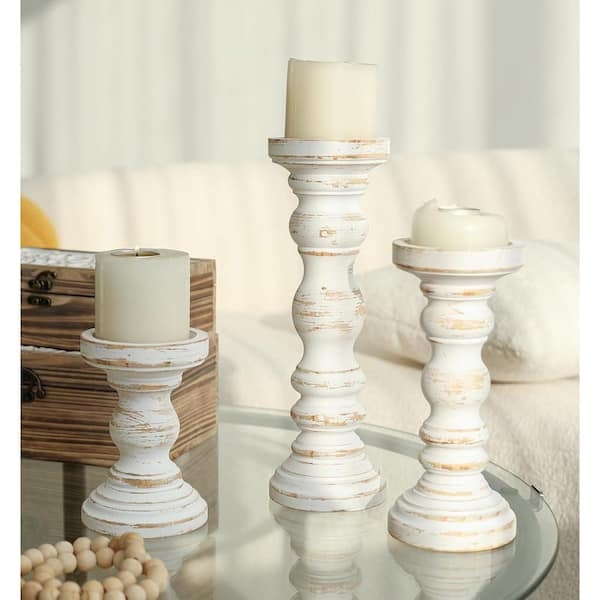 Pillar Holders Heavily Distressed Architectural Turned Rustic White