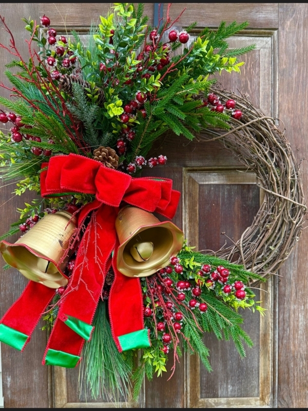 Pine Wreath Traditional Front Door Antique Bells Velvet Bow