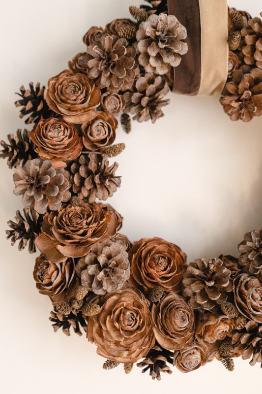 Pinecone Wreath with Oversized White Bow for Entryway Door Decor