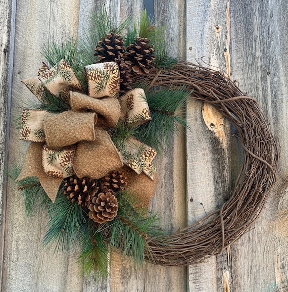 Pinecone Wreath with Striped Ribbon Bow for Cabin Holiday Decor