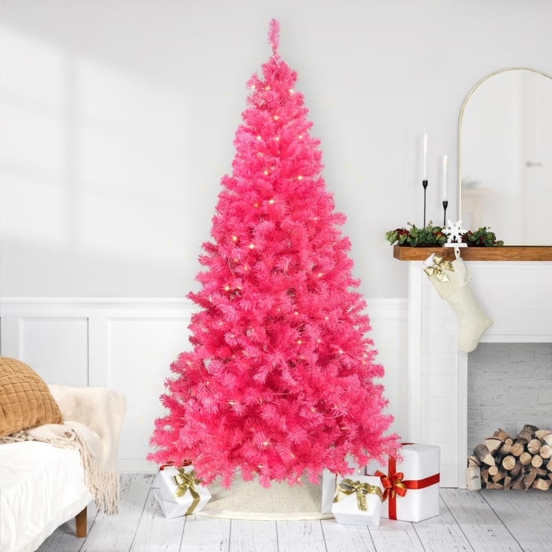 Pink Artificial Christmas Tree, Slender Pencil Silhouette, Dense