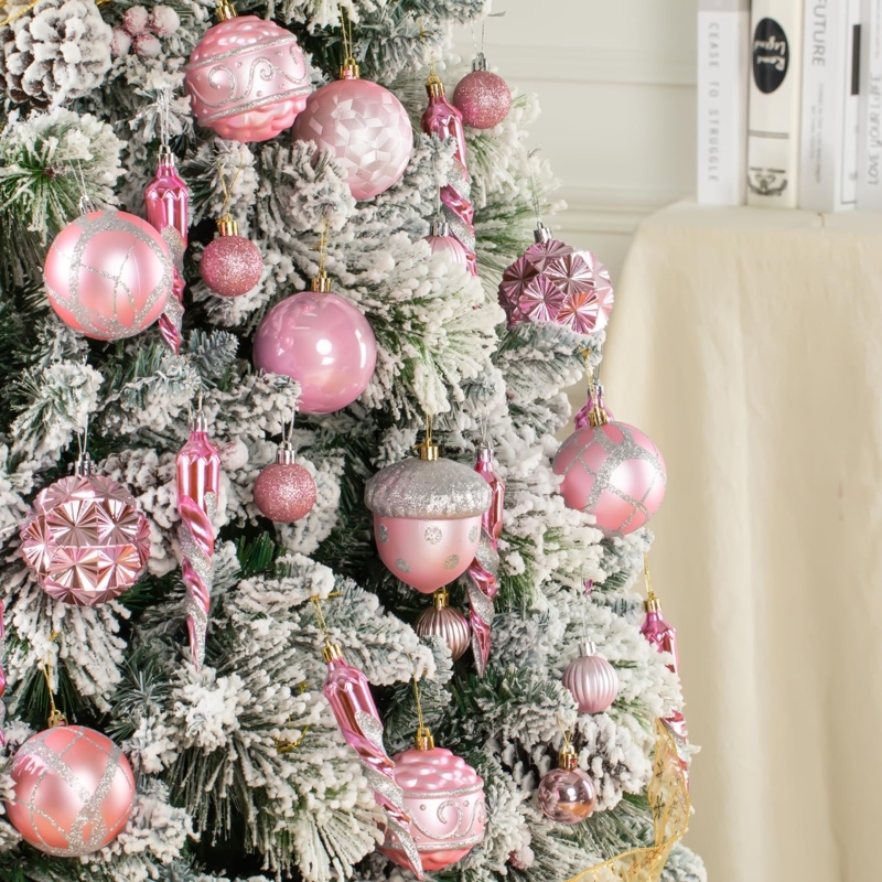Pink Christmas Ornaments: Embossed Texture, Glitter, and Glossy Finishes.
