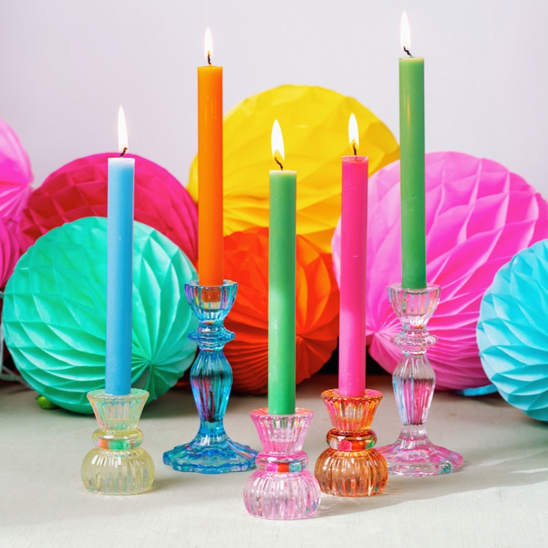 Pink Glass Candle Holder Fluted Stemmed Boho Tabletop Decor