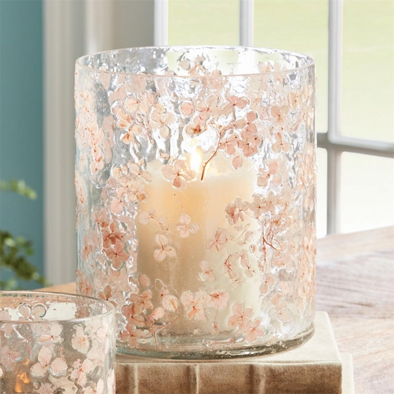 Pink Glass Hurricane Candle Holder, Etched Floral Peony Pattern