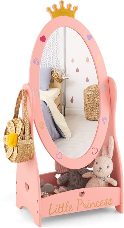 Pink Kids Floor Mirror, Rotating Tiara Top & Storage