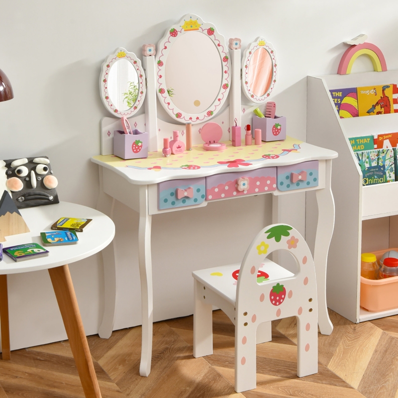 Pink Kids Vanity Set, Tri-Fold Mirror & Cabriole Legs