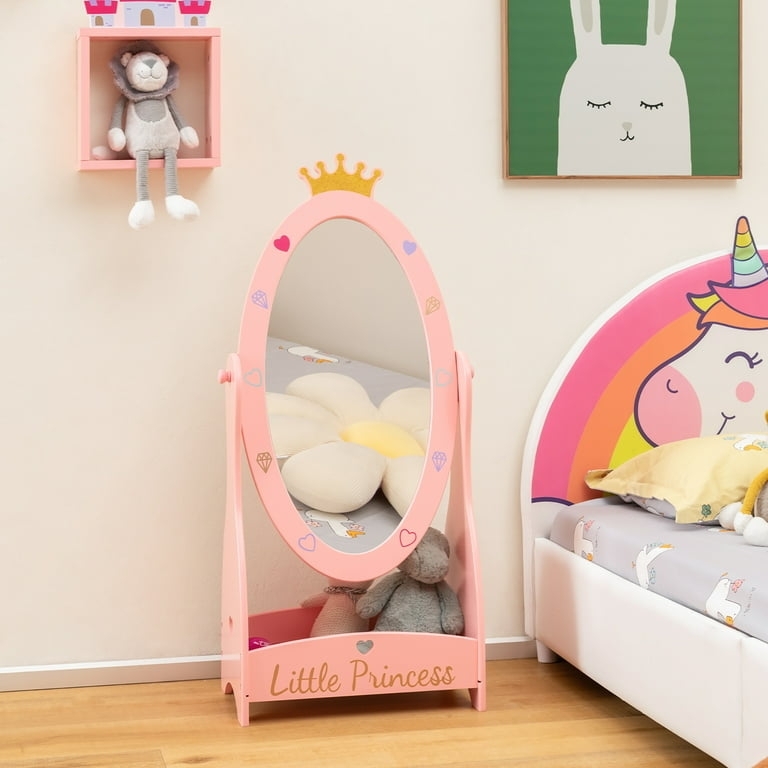 Pink Swivel Kids Floor Mirror, Rear Storage Shelves