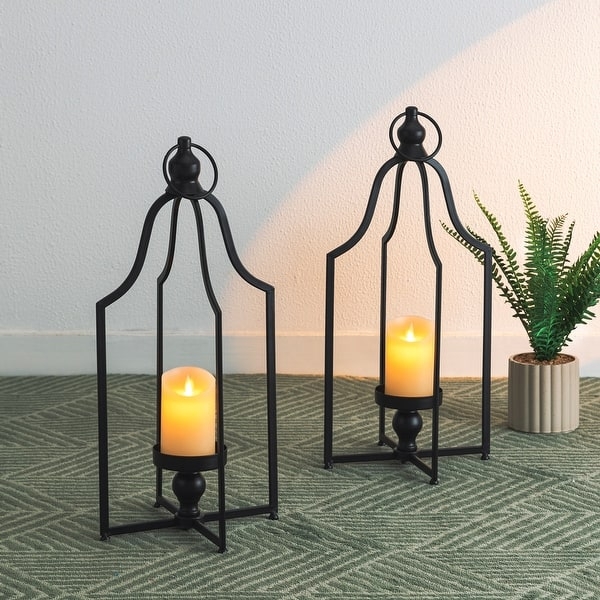 Pitched Roof Lantern Set Matte Black Metal Modern Farmhouse