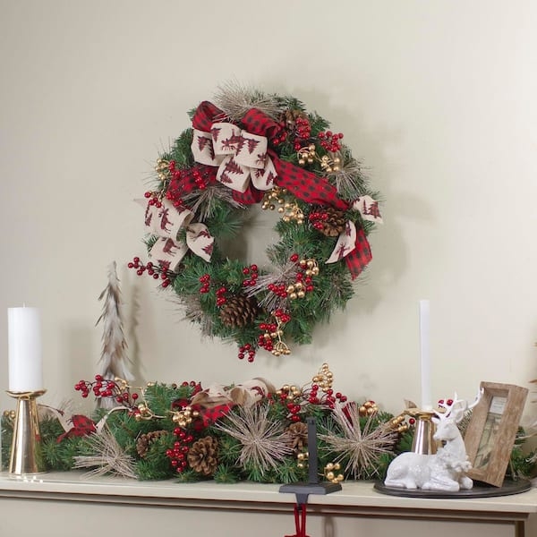 Plaid Bow Christmas Wreath Berry Clusters Pinecone Accents Unlit