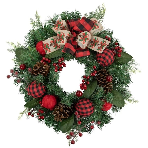 Plaid Christmas Wreath Buffalo Check Ornaments Red Bows Rustic Decor