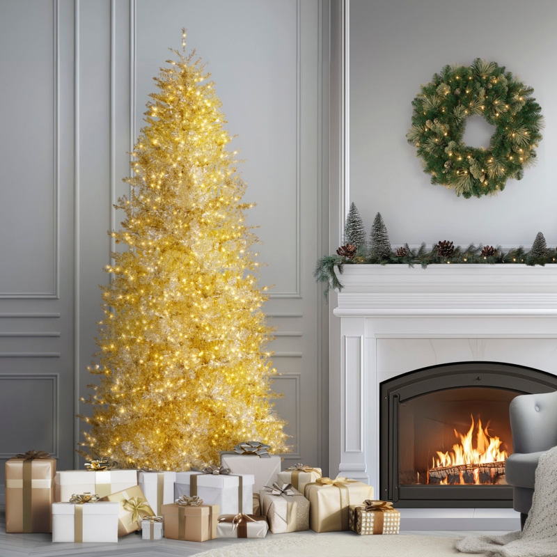 Platinum Metallic Artificial Tree, Modern Glam Style, Pre-Lit 10 Foot.