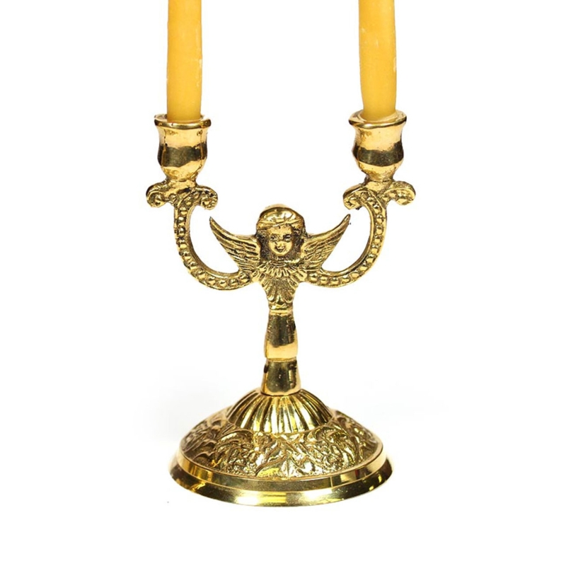 Polished Brass Candle Holder with Cherub Figures and Two Cups