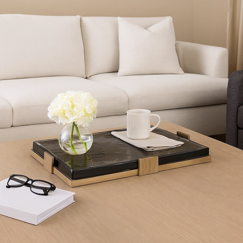 Polished Glass Rectangular Decorative Tray Integrated Handles