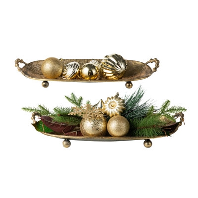 Polished Gold Oval Tray Set Ring Handles Nested Raised Rim
