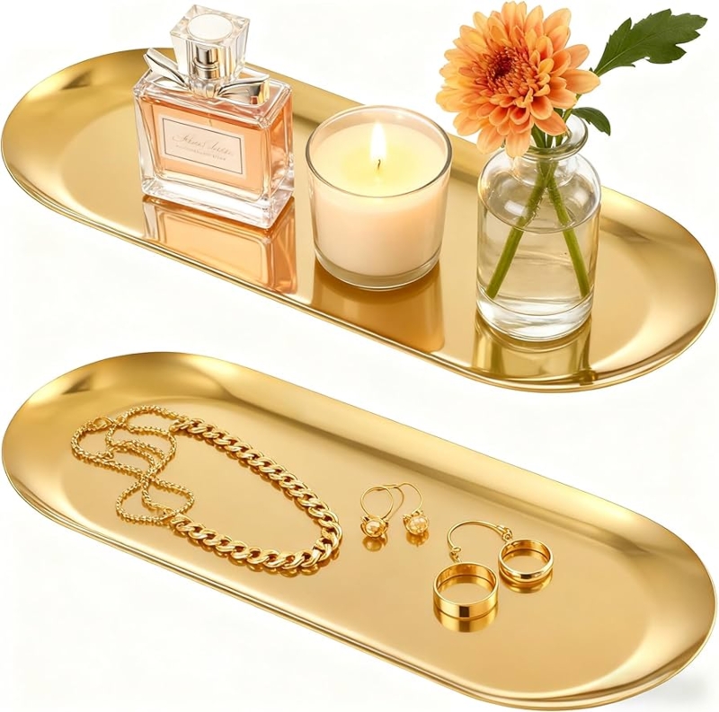 Polished Metal Bathroom Vanity Tray Styling Oval Set