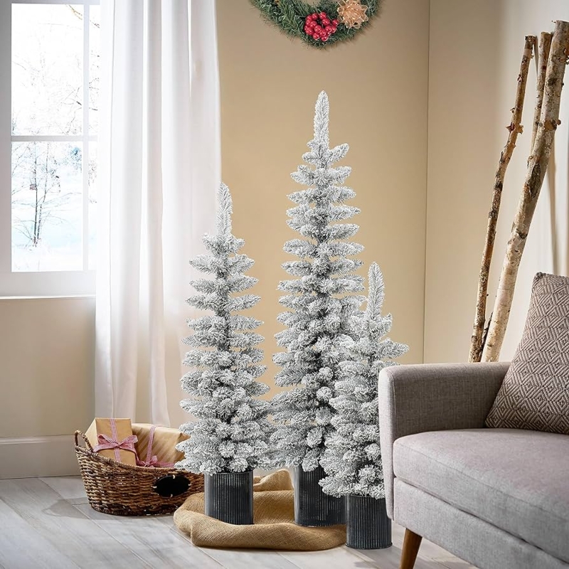 Potted Flocked Christmas Tree Set of Three Varying Heights