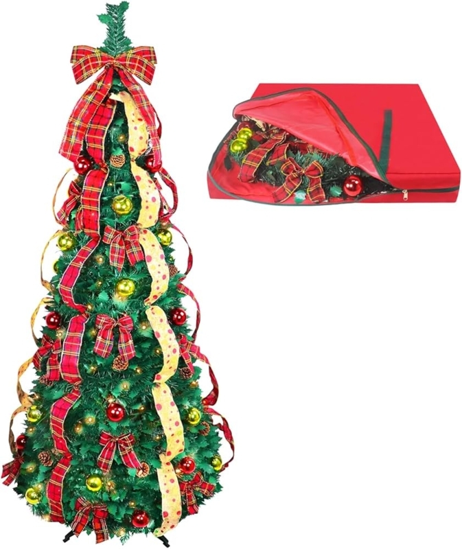 Pre-Decorated Pop Up Artificial Christmas Tree with Plaid Ribbon