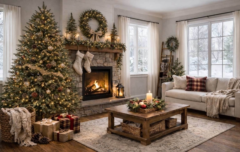 Pre-lit Artificial Christmas Tree Wicker Basket Base Hearthside